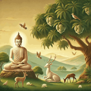 Das Bild, das den Buddha unter einem Mangobaum sitzend zeigt. Im Hintergrund sind sanft gezeichnete Tiere, die friedlich miteinander leben, während der Buddha Weisheit und Mitgefühl ausstrahlt.