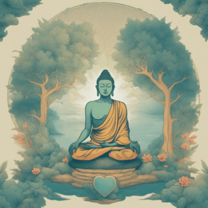 An image that conveys the connection between Buddhism and Health. This can include elements such as a person meditating, a temple or shrine, plants and nature, and symbols associated with health such as a heart or mind. Use a color scheme that is calming, such as muted blues and greens and avoid bright and bold colors. The image should evoke a sense of peace and well-being while representing the Buddhist philosophy and its relationship to health.