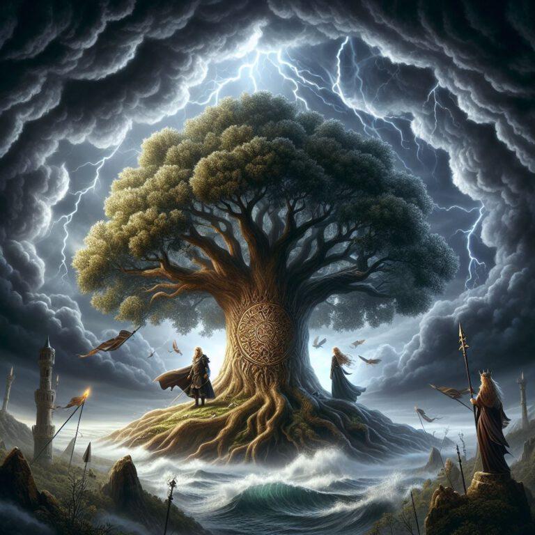 A majestic oak tree stands at the center of the image, surrounded by a stormy tempest. Lightning pierces the sky, and dark clouds lend a dramatic atmosphere to the scene. The oak represents Authari and his kingdom, while the storm symbolizes the impending turbulence and challenges.\n\nAt the base of the oak, the main characters Authari and Dietlind could be depicted in royal attire, their gazes full of love and passion. The tree trunk could be adorned with prophecy symbols or runes, emphasizing the mystical elements of the epic.\n\nIn the background, Lombard riders on horseback could enter the scene, underscoring the significance of the kingdom and its defense. The color palette could use intense, contrasting tones such as dark blues, vibrant greens, and rich reds to highlight the emotional and dramatic aspects of the story.\n\nThe design of the cover should provide a captivating preview of the epic narrative and visually transport readers into the world of "LangobardKingAuthari:LoveandProphecies".