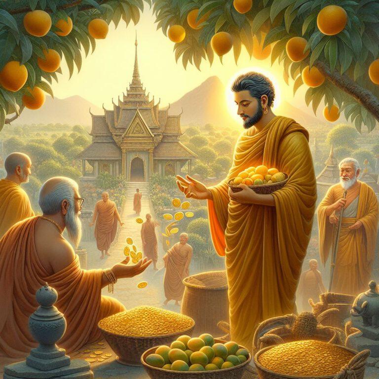 Anathapindika and the Mango Grove: An artistic depiction of Anathapindika handling gold coins and surrounded by the mango grove. This could capture the moment when he shows his generosity. Prince Yeta and the sales process: Prince Yeta could be in the background overseeing the sales process, demonstrating his conviction of Anathapindika's seriousness. The newly built monastery: An illustration of the monastery created through Anathapindika's generosity could form another part of the image. Dhamma-Pada or Buddhist symbols: Symbols from the Dhamma-Pada or other Buddhist symbols could be subtly integrated into the image to emphasize the spiritual significance. Karmic connection: An additional layer could be created by incorporating elements from the story of Maha Palava, such as an image depicting the scene of his blindness and the karmic connections.