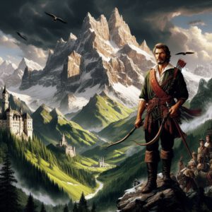 A majestic mountain peak, surrounded by snow-capped peaks and green valleys, symbolizes the sublime Alpine landscape in which the action takes place. In the center of the image stands Wilhelm Tell, the crossbow in hand, his gaze firmly fixed in the distance. His son Til stands by his side, also ready for battle. In the background rise imposing castle structures that represent the power of the Habsburgs. Dark clouds in the sky can symbolize oppression and the impending challenges. The sun shines over the mountains, illuminating the scene with a warm light that highlights hope and the peasants' resistance against tyranny. The scene could be surrounded by peasants of the Freischar, standing ready with determined expressions and raised tools or weapons to join the fight for freedom.A majestic mountain peak, surrounded by snow-capped peaks and green valleys, symbolizes the sublime Alpine landscape in which the action takes place. In the center of the image stands Wilhelm Tell, the crossbow in hand, his gaze firmly fixed in the distance. His son Til stands by his side, also ready for battle. In the background rise imposing castle structures that represent the power of the Habsburgs. Dark clouds in the sky can symbolize oppression and the impending challenges. The sun shines over the mountains, illuminating the scene with a warm light that highlights hope and the peasants' resistance against tyranny. The scene could be surrounded by peasants of the Freischar, standing ready with determined expressions and raised tools or weapons to join the fight for freedom.A majestic mountain peak, surrounded by snow-capped peaks and green valleys, symbolizes the sublime Alpine landscape in which the action takes place. In the center of the image stands Wilhelm Tell, the crossbow in hand, his gaze firmly fixed in the distance. His son Til stands by his side, also ready for battle. In the background rise imposing castle structures that represent the power of the Habsburgs. Dark clouds in the sky can symbolize oppression and the impending challenges. The sun shines over the mountains, illuminating the scene with a warm light that highlights hope and the peasants' resistance against tyranny. The scene could be surrounded by peasants of the Freischar, standing ready with determined expressions and raised tools or weapons to join the fight for freedom.A majestic mountain peak, surrounded by snow-capped peaks and green valleys, symbolizes the sublime Alpine landscape in which the action takes place. In the center of the image stands Wilhelm Tell, the crossbow in hand, his gaze firmly fixed in the distance. His son Til stands by his side, also ready for battle. In the background rise imposing castle structures that represent the power of the Habsburgs. Dark clouds in the sky can symbolize oppression and the impending challenges. The sun shines over the mountains, illuminating the scene with a warm light that highlights hope and the peasants' resistance against tyranny. The scene could be surrounded by peasants of the Freischar, standing ready with determined expressions and raised tools or weapons to join the fight for freedom.A majestic mountain peak, surrounded by snow-capped peaks and green valleys, symbolizes the sublime Alpine landscape in which the action takes place. In the center of the image stands Wilhelm Tell, the crossbow in hand, his gaze firmly fixed in the distance. His son Til stands by his side, also ready for battle. In the background rise imposing castle structures that represent the power of the Habsburgs. Dark clouds in the sky can symbolize oppression and the impending challenges. The sun shines over the mountains, illuminating the scene with a warm light that highlights hope and the peasants' resistance against tyranny. The scene could be surrounded by peasants of the Freischar, standing ready with determined expressions and raised tools or weapons to join the fight for freedom.A majestic mountain peak, surrounded by snow-capped peaks and green valleys, symbolizes the sublime Alpine landscape in which the action takes place. In the center of the image stands Wilhelm Tell, the crossbow in hand, his gaze firmly fixed in the distance. His son Til stands by his side, also ready for battle. In the background rise imposing castle structures that represent the power of the Habsburgs. Dark clouds in the sky can symbolize oppression and the impending challenges. The sun shines over the mountains, illuminating the scene with a warm light that highlights hope and the peasants' resistance against tyranny. The scene could be surrounded by peasants of the Freischar, standing ready with determined expressions and raised tools or weapons to join the fight for freedom.A majestic mountain peak, surrounded by snow-capped peaks and green valleys, symbolizes the sublime Alpine landscape in which the action takes place. In the center of the image stands Wilhelm Tell, the crossbow in hand, his gaze firmly fixed in the distance. His son Til stands by his side, also ready for battle. In the background rise imposing castle structures that represent the power of the Habsburgs. Dark clouds in the sky can symbolize oppression and the impending challenges. The sun shines over the mountains, illuminating the scene with a warm light that highlights hope and the peasants' resistance against tyranny. The scene could be surrounded by peasants of the Freischar, standing ready with determined expressions and raised tools or weapons to join the fight for freedom.A majestic mountain peak, surrounded by snow-capped peaks and green valleys, symbolizes the sublime Alpine landscape in which the action takes place. In the center of the image stands Wilhelm Tell, the crossbow in hand, his gaze firmly fixed in the distance. His son Til stands by his side, also ready for battle. In the background rise imposing castle structures that represent the power of the Habsburgs. Dark clouds in the sky can symbolize oppression and the impending challenges. The sun shines over the mountains, illuminating the scene with a warm light that highlights hope and the peasants' resistance against tyranny. The scene could be surrounded by peasants of the Freischar, standing ready with determined expressions and raised tools or weapons to join the fight for freedom.A majestic mountain peak, surrounded by snow-capped peaks and green valleys, symbolizes the sublime Alpine landscape in which the action takes place. In the center of the image stands Wilhelm Tell, the crossbow in hand, his gaze firmly fixed in the distance. His son Til stands by his side, also ready for battle. In the background rise imposing castle structures that represent the power of the Habsburgs. Dark clouds in the sky can symbolize oppression and the impending challenges. The sun shines over the mountains, illuminating the scene with a warm light that highlights hope and the peasants' resistance against tyranny. The scene could be surrounded by peasants of the Freischar, standing ready with determined expressions and raised tools or weapons to join the fight for freedom.A majestic mountain peak, surrounded by snow-capped peaks and green valleys, symbolizes the sublime Alpine landscape in which the action takes place. In the center of the image stands Wilhelm Tell, the crossbow in hand, his gaze firmly fixed in the distance. His son Til stands by his side, also ready for battle. In the background rise imposing castle structures that represent the power of the Habsburgs. Dark clouds in the sky can symbolize oppression and the impending challenges. The sun shines over the mountains, illuminating the scene with a warm light that highlights hope and the peasants' resistance against tyranny. The scene could be surrounded by peasants of the Freischar, standing ready with determined expressions and raised tools or weapons to join the fight for freedom.A majestic mountain peak, surrounded by snow-capped peaks and green valleys, symbolizes the sublime Alpine landscape in which the action takes place. In the center of the image stands Wilhelm Tell, the crossbow in hand, his gaze firmly fixed in the distance. His son Til stands by his side, also ready for battle. In the background rise imposing castle structures that represent the power of the Habsburgs. Dark clouds in the sky can symbolize oppression and the impending challenges. The sun shines over the mountains, illuminating the scene with a warm light that highlights hope and the peasants' resistance against tyranny. The scene could be surrounded by peasants of the Freischar, standing ready with determined expressions and raised tools or weapons to join the fight for freedom.A majestic mountain peak, surrounded by snow-capped peaks and green valleys, symbolizes the sublime Alpine landscape in which the action takes place. In the center of the image stands Wilhelm Tell, the crossbow in hand, his gaze firmly fixed in the distance. His son Til stands by his side, also ready for battle. In the background rise imposing castle structures that represent the power of the Habsburgs. Dark clouds in the sky can symbolize oppression and the impending challenges. The sun shines over the mountains, illuminating the scene with a warm light that highlights hope and the peasants' resistance against tyranny. The scene could be surrounded by peasants of the Freischar, standing ready with determined expressions and raised tools or weapons to join the fight for freedom.A majestic mountain peak, surrounded by snow-capped peaks and green valleys, symbolizes the sublime Alpine landscape in which the action takes place. In the center of the image stands Wilhelm Tell, the crossbow in hand, his gaze firmly fixed in the distance. His son Til stands by his side, also ready for battle. In the background rise imposing castle structures that represent the power of the Habsburgs. Dark clouds in the sky can symbolize oppression and the impending challenges. The sun shines over the mountains, illuminating the scene with a warm light that highlights hope and the peasants' resistance against tyranny. The scene could be surrounded by peasants of the Freischar, standing ready with determined expressions and raised tools or weapons to join the fight for freedom.A majestic mountain peak, surrounded by snow-capped peaks and green valleys, symbolizes the sublime Alpine landscape in which the action takes place. In the center of the image stands Wilhelm Tell, the crossbow in hand, his gaze firmly fixed in the distance. His son Til stands by his side, also ready for battle. In the background rise imposing castle structures that represent the power of the Habsburgs. Dark clouds in the sky can symbolize oppression and the impending challenges. The sun shines over the mountains, illuminating the scene with a warm light that highlights hope and the peasants' resistance against tyranny. The scene could be surrounded by peasants of the Freischar, standing ready with determined expressions and raised tools or weapons to join the fight for freedom.A majestic mountain peak, surrounded by snow-capped peaks and green valleys, symbolizes the sublime Alpine landscape in which the action takes place. In the center of the image stands Wilhelm Tell, the crossbow in hand, his gaze firmly fixed in the distance. His son Til stands by his side, also ready for battle. In the background rise imposing castle structures that represent the power of the Habsburgs. Dark clouds in the sky can symbolize oppression and the impending challenges. The sun shines over the mountains, illuminating the scene with a warm light that highlights hope and the peasants' resistance against tyranny. The scene could be surrounded by peasants of the Freischar, standing ready with determined expressions and raised tools or weapons to join the fight for freedom.A majestic mountain peak, surrounded by snow-capped peaks and green valleys, symbolizes the sublime Alpine landscape in which the action takes place. In the center of the image stands Wilhelm Tell, the crossbow in hand, his gaze firmly fixed in the distance. His son Til stands by his side, also ready for battle. In the background rise imposing castle structures that represent the power of the Habsburgs. Dark clouds in the sky can symbolize oppression and the impending challenges. The sun shines over the mountains, illuminating the scene with a warm light that highlights hope and the peasants' resistance against tyranny. The scene could be surrounded by peasants of the Freischar, standing ready with determined expressions and raised tools or weapons to join the fight for freedom.A majestic mountain peak, surrounded by snow-capped peaks and green valleys, symbolizes the sublime Alpine landscape in which the action takes place. In the center of the image stands Wilhelm Tell, the crossbow in hand, his gaze firmly fixed in the distance. His son Til stands by his side, also ready for battle. In the background rise imposing castle structures that represent the power of the Habsburgs. Dark clouds in the sky can symbolize oppression and the impending challenges. The sun shines over the mountains, illuminating the scene with a warm light that highlights hope and the peasants' resistance against tyranny. The scene could be surrounded by peasants of the Freischar, standing ready with determined expressions and raised tools or weapons to join the fight for freedom.A majestic mountain peak, surrounded by snow-capped peaks and green valleys, symbolizes the sublime Alpine landscape in which the action takes place. In the center of the image stands Wilhelm Tell, the crossbow in hand, his gaze firmly fixed in the distance. His son Til stands by his side, also ready for battle. In the background rise imposing castle structures that represent the power of the Habsburgs. Dark clouds in the sky can symbolize oppression and the impending challenges. The sun shines over the mountains, illuminating the scene with a warm light that highlights hope and the peasants' resistance against tyranny. The scene could be surrounded by peasants of the Freischar, standing ready with determined expressions and raised tools or weapons to join the fight for freedom.A majestic mountain peak, surrounded by snow-capped peaks and green valleys, symbolizes the sublime Alpine landscape in which the action takes place. In the center of the image stands Wilhelm Tell, the crossbow in hand, his gaze firmly fixed in the distance. His son Til stands by his side, also ready for battle. In the background rise imposing castle structures that represent the power of the Habsburgs. Dark clouds in the sky can symbolize oppression and the impending challenges. The sun shines over the mountains, illuminating the scene with a warm light that highlights hope and the peasants' resistance against tyranny. The scene could be surrounded by peasants of the Freischar, standing ready with determined expressions and raised tools or weapons to join the fight for freedom.A majestic mountain peak, surrounded by snow-capped peaks and green valleys, symbolizes the sublime Alpine landscape in which the action takes place. In the center of the image stands Wilhelm Tell, the crossbow in hand, his gaze firmly fixed in the distance. His son Til stands by his side, also ready for battle. In the background rise imposing castle structures that represent the power of the Habsburgs. Dark clouds in the sky can symbolize oppression and the impending challenges. The sun shines over the mountains, illuminating the scene with a warm light that highlights hope and the peasants' resistance against tyranny. The scene could be surrounded by peasants of the Freischar, standing ready with determined expressions and raised tools or weapons to join the fight for freedom.A majestic mountain peak, surrounded by snow-capped peaks and green valleys, symbolizes the sublime Alpine landscape in which the action takes place. In the center of the image stands Wilhelm Tell, the crossbow in hand, his gaze firmly fixed in the distance. His son Til stands by his side, also ready for battle. In the background rise imposing castle structures that represent the power of the Habsburgs. Dark clouds in the sky can symbolize oppression and the impending challenges. The sun shines over the mountains, illuminating the scene with a warm light that highlights hope and the peasants' resistance against tyranny. The scene could be surrounded by peasants of the Freischar, standing ready with determined expressions and raised tools or weapons to join the fight for freedom.A majestic mountain peak, surrounded by snow-capped peaks and green valleys, symbolizes the sublime Alpine landscape in which the action takes place. In the center of the image stands Wilhelm Tell, the crossbow in hand, his gaze firmly fixed in the distance. His son Til stands by his side, also ready for battle. In the background rise imposing castle structures that represent the power of the Habsburgs. Dark clouds in the sky can symbolize oppression and the impending challenges. The sun shines over the mountains, illuminating the scene with a warm light that highlights hope and the peasants' resistance against tyranny. The scene could be surrounded by peasants of the Freischar, standing ready with determined expressions and raised tools or weapons to join the fight for freedom.A majestic mountain peak, surrounded by snow-capped peaks and green valleys, symbolizes the sublime Alpine landscape in which the action takes place. In the center of the image stands Wilhelm Tell, the crossbow in hand, his gaze firmly fixed in the distance. His son Til stands by his side, also ready for battle. In the background rise imposing castle structures that represent the power of the Habsburgs. Dark clouds in the sky can symbolize oppression and the impending challenges. The sun shines over the mountains, illuminating the scene with a warm light that highlights hope and the peasants' resistance against tyranny. The scene could be surrounded by peasants of the Freischar, standing ready with determined expressions and raised tools or weapons to join the fight for freedom.A majestic mountain peak, surrounded by snow-capped peaks and green valleys, symbolizes the sublime Alpine landscape in which the action takes place. In the center of the image stands Wilhelm Tell, the crossbow in hand, his gaze firmly fixed in the distance. His son Til stands by his side, also ready for battle. In the background rise imposing castle structures that represent the power of the Habsburgs. Dark clouds in the sky can symbolize oppression and the impending challenges. The sun shines over the mountains, illuminating the scene with a warm light that highlights hope and the peasants' resistance against tyranny. The scene could be surrounded by peasants of the Freischar, standing ready with determined expressions and raised tools or weapons to join the fight for freedom.A majestic mountain peak, surrounded by snow-capped peaks and green valleys, symbolizes the sublime Alpine landscape in which the action takes place. In the center of the image stands Wilhelm Tell, the crossbow in hand, his gaze firmly fixed in the distance. His son Til stands by his side, also ready for battle. In the background rise imposing castle structures that represent the power of the Habsburgs. Dark clouds in the sky can symbolize oppression and the impending challenges. The sun shines over the mountains, illuminating the scene with a warm light that highlights hope and the peasants' resistance against tyranny. The scene could be surrounded by peasants of the Freischar, standing ready with determined expressions and raised tools or weapons to join the fight for freedom.A majestic mountain peak, surrounded by snow-capped peaks and green valleys, symbolizes the sublime Alpine landscape in which the action takes place. In the center of the image stands Wilhelm Tell, the crossbow in hand, his gaze firmly fixed in the distance. His son Til stands by his side, also ready for battle. In the background rise imposing castle structures that represent the power of the Habsburgs. Dark clouds in the sky can symbolize oppression and the impending challenges. The sun shines over the mountains, illuminating the scene with a warm light that highlights hope and the peasants' resistance against tyranny. The scene could be surrounded by peasants of the Freischar, standing ready with determined expressions and raised tools or weapons to join the fight for freedom.A majestic mountain peak, surrounded by snow-capped peaks and green valleys, symbolizes the sublime Alpine landscape in which the action takes place. In the center of the image stands Wilhelm Tell, the crossbow in hand, his gaze firmly fixed in the distance. His son Til stands by his side, also ready for battle. In the background rise imposing castle structures that represent the power of the Habsburgs. Dark clouds in the sky can symbolize oppression and the impending challenges. The sun shines over the mountains, illuminating the scene with a warm light that highlights hope and the peasants' resistance against tyranny. The scene could be surrounded by peasants of the Freischar, standing ready with determined expressions and raised tools or weapons to join the fight for freedom.A majestic mountain peak, surrounded by snow-capped peaks and green valleys, symbolizes the sublime Alpine landscape in which the action takes place. In the center of the image stands Wilhelm Tell, the crossbow in hand, his gaze firmly fixed in the distance. His son Til stands by his side, also ready for battle. In the background rise imposing castle structures that represent the power of the Habsburgs. Dark clouds in the sky can symbolize oppression and the impending challenges. The sun shines over the mountains, illuminating the scene with a warm light that highlights hope and the peasants' resistance against tyranny. The scene could be surrounded by peasants of the Freischar, standing ready with determined expressions and raised tools or weapons to join the fight for freedom.A majestic mountain peak, surrounded by snow-capped peaks and green valleys, symbolizes the sublime Alpine landscape in which the action takes place. In the center of the image stands Wilhelm Tell, the crossbow in hand, his gaze firmly fixed in the distance. His son Til stands by his side, also ready for battle. In the background rise imposing castle structures that represent the power of the Habsburgs. Dark clouds in the sky can symbolize oppression and the impending challenges. The sun shines over the mountains, illuminating the scene with a warm light that highlights hope and the peasants' resistance against tyranny. The scene could be surrounded by peasants of the Freischar, standing ready with determined expressions and raised tools or weapons to join the fight for freedom.A majestic mountain peak, surrounded by snow-capped peaks and green valleys, symbolizes the sublime Alpine landscape in which the action takes place. In the center of the image stands Wilhelm Tell, the crossbow in hand, his gaze firmly fixed in the distance. His son Til stands by his side, also ready for battle. In the background rise imposing castle structures that represent the power of the Habsburgs. Dark clouds in the sky can symbolize oppression and the impending challenges. The sun shines over the mountains, illuminating the scene with a warm light that highlights hope and the peasants' resistance against tyranny. The scene could be surrounded by peasants of the Freischar, standing ready with determined expressions and raised tools or weapons to join the fight for freedom.A majestic mountain peak, surrounded by snow-capped peaks and green valleys, symbolizes the sublime Alpine landscape in which the action takes place. In the center of the image stands Wilhelm Tell, the crossbow in hand, his gaze firmly fixed in the distance. His son Til stands by his side, also ready for battle. In the background rise imposing castle structures that represent the power of the Habsburgs. Dark clouds in the sky can symbolize oppression and the impending challenges. The sun shines over the mountains, illuminating the scene with a warm light that highlights hope and the peasants' resistance against tyranny. The scene could be surrounded by peasants of the Freischar, standing ready with determined expressions and raised tools or weapons to join the fight for freedom.A majestic mountain peak, surrounded by snow-capped peaks and green valleys, symbolizes the sublime Alpine landscape in which the action takes place. In the center of the image stands Wilhelm Tell, the crossbow in hand, his gaze firmly fixed in the distance. His son Til stands by his side, also ready for battle. In the background rise imposing castle structures that represent the power of the Habsburgs. Dark clouds in the sky can symbolize oppression and the impending challenges. The sun shines over the mountains, illuminating the scene with a warm light that highlights hope and the peasants' resistance against tyranny. The scene could be surrounded by peasants of the Freischar, standing ready with determined expressions and raised tools or weapons to join the fight for freedom.A majestic mountain peak, surrounded by snow-capped peaks and green valleys, symbolizes the sublime Alpine landscape in which the action takes place. In the center of the image stands Wilhelm Tell, the crossbow in hand, his gaze firmly fixed in the distance. His son Til stands by his side, also ready for battle. In the background rise imposing castle structures that represent the power of the Habsburgs. Dark clouds in the sky can symbolize oppression and the impending challenges. The sun shines over the mountains, illuminating the scene with a warm light that highlights hope and the peasants' resistance against tyranny. The scene could be surrounded by peasants of the Freischar, standing ready with determined expressions and raised tools or weapons to join the fight for freedom.A majestic mountain peak, surrounded by snow-capped peaks and green valleys, symbolizes the sublime Alpine landscape in which the action takes place. In the center of the image stands Wilhelm Tell, the crossbow in hand, his gaze firmly fixed in the distance. His son Til stands by his side, also ready for battle. In the background rise imposing castle structures that represent the power of the Habsburgs. Dark clouds in the sky can symbolize oppression and the impending challenges. The sun shines over the mountains, illuminating the scene with a warm light that highlights hope and the peasants' resistance against tyranny. The scene could be surrounded by peasants of the Freischar, standing ready with determined expressions and raised tools or weapons to join the fight for freedom.A majestic mountain peak, surrounded by snow-capped peaks and green valleys, symbolizes the sublime Alpine landscape in which the action takes place. In the center of the image stands Wilhelm Tell, the crossbow in hand, his gaze firmly fixed in the distance. His son Til stands by his side, also ready for battle. In the background rise imposing castle structures that represent the power of the Habsburgs. Dark clouds in the sky can symbolize oppression and the impending challenges. The sun shines over the mountains, illuminating the scene with a warm light that highlights hope and the peasants' resistance against tyranny. The scene could be surrounded by peasants of the Freischar, standing ready with determined expressions and raised tools or weapons to join the fight for freedom.A majestic mountain peak, surrounded by snow-capped peaks and green valleys, symbolizes the sublime Alpine landscape in which the action takes place. In the center of the image stands Wilhelm Tell, the crossbow in hand, his gaze firmly fixed in the distance. His son Til stands by his side, also ready for battle. In the background rise imposing castle structures that represent the power of the Habsburgs. Dark clouds in the sky can symbolize oppression and the impending challenges. The sun shines over the mountains, illuminating the scene with a warm light that highlights hope and the peasants' resistance against tyranny. The scene could be surrounded by peasants of the Freischar, standing ready with determined expressions and raised tools or weapons to join the fight for freedom.A majestic mountain peak, surrounded by snow-capped peaks and green valleys, symbolizes the sublime Alpine landscape in which the action takes place. In the center of the image stands Wilhelm Tell, the crossbow in hand, his gaze firmly fixed in the distance. His son Til stands by his side, also ready for battle. In the background rise imposing castle structures that represent the power of the Habsburgs. Dark clouds in the sky can symbolize oppression and the impending challenges. The sun shines over the mountains, illuminating the scene with a warm light that highlights hope and the peasants' resistance against tyranny. The scene could be surrounded by peasants of the Freischar, standing ready with determined expressions and raised tools or weapons to join the fight for freedom.A majestic mountain peak, surrounded by snow-capped peaks and green valleys, symbolizes the sublime Alpine landscape in which the action takes place. In the center of the image stands Wilhelm Tell, the crossbow in hand, his gaze firmly fixed in the distance. His son Til stands by his side, also ready for battle. In the background rise imposing castle structures that represent the power of the Habsburgs. Dark clouds in the sky can symbolize oppression and the impending challenges. The sun shines over the mountains, illuminating the scene with a warm light that highlights hope and the peasants' resistance against tyranny. The scene could be surrounded by peasants of the Freischar, standing ready with determined expressions and raised tools or weapons to join the fight for freedom.A majestic mountain peak, surrounded by snow-capped peaks and green valleys, symbolizes the sublime Alpine landscape in which the action takes place. In the center of the image stands Wilhelm Tell, the crossbow in hand, his gaze firmly fixed in the distance. His son Til stands by his side, also ready for battle. In the background rise imposing castle structures that represent the power of the Habsburgs. Dark clouds in the sky can symbolize oppression and the impending challenges. The sun shines over the mountains, illuminating the scene with a warm light that highlights hope and the peasants' resistance against tyranny. The scene could be surrounded by peasants of the Freischar, standing ready with determined expressions and raised tools or weapons to join the fight for freedom.A majestic mountain peak, surrounded by snow-capped peaks and green valleys, symbolizes the sublime Alpine landscape in which the action takes place. In the center of the image stands Wilhelm Tell, the crossbow in hand, his gaze firmly fixed in the distance. His son Til stands by his side, also ready for battle. In the background rise imposing castle structures that represent the power of the Habsburgs. Dark clouds in the sky can symbolize oppression and the impending challenges. The sun shines over the mountains, illuminating the scene with a warm light that highlights hope and the peasants' resistance against tyranny. The scene could be surrounded by peasants of the Freischar, standing ready with determined expressions and raised tools or weapons to join the fight for freedom.A majestic mountain peak, surrounded by snow-capped peaks and green valleys, symbolizes the sublime Alpine landscape in which the action takes place. In the center of the image stands Wilhelm Tell, the crossbow in hand, his gaze firmly fixed in the distance. His son Til stands by his side, also ready for battle. In the background rise imposing castle structures that represent the power of the Habsburgs. Dark clouds in the sky can symbolize oppression and the impending challenges. The sun shines over the mountains, illuminating the scene with a warm light that highlights hope and the peasants' resistance against tyranny. The scene could be surrounded by peasants of the Freischar, standing ready with determined expressions and raised tools or weapons to join the fight for freedom.A majestic mountain peak, surrounded by snow-capped peaks and green valleys, symbolizes the sublime Alpine landscape in which the action takes place. In the center of the image stands Wilhelm Tell, the crossbow in hand, his gaze firmly fixed in the distance. His son Til stands by his side, also ready for battle. In the background rise imposing castle structures that represent the power of the Habsburgs. Dark clouds in the sky can symbolize oppression and the impending challenges. The sun shines over the mountains, illuminating the scene with a warm light that highlights hope and the peasants' resistance against tyranny. The scene could be surrounded by peasants of the Freischar, standing ready with determined expressions and raised tools or weapons to join the fight for freedom.A majestic mountain peak, surrounded by snow-capped peaks and green valleys, symbolizes the sublime Alpine landscape in which the action takes place. In the center of the image stands Wilhelm Tell, the crossbow in hand, his gaze firmly fixed in the distance. His son Til stands by his side, also ready for battle. In the background rise imposing castle structures that represent the power of the Habsburgs. Dark clouds in the sky can symbolize oppression and the impending challenges. The sun shines over the mountains, illuminating the scene with a warm light that highlights hope and the peasants' resistance against tyranny. The scene could be surrounded by peasants of the Freischar, standing ready with determined expressions and raised tools or weapons to join the fight for freedom.A majestic mountain peak, surrounded by snow-capped peaks and green valleys, symbolizes the sublime Alpine landscape in which the action takes place. In the center of the image stands Wilhelm Tell, the crossbow in hand, his gaze firmly fixed in the distance. His son Til stands by his side, also ready for battle. In the background rise imposing castle structures that represent the power of the Habsburgs. Dark clouds in the sky can symbolize oppression and the impending challenges. The sun shines over the mountains, illuminating the scene with a warm light that highlights hope and the peasants' resistance against tyranny. The scene could be surrounded by peasants of the Freischar, standing ready with determined expressions and raised tools or weapons to join the fight for freedom.A majestic mountain peak, surrounded by snow-capped peaks and green valleys, symbolizes the sublime Alpine landscape in which the action takes place. In the center of the image stands Wilhelm Tell, the crossbow in hand, his gaze firmly fixed in the distance. His son Til stands by his side, also ready for battle. In the background rise imposing castle structures that represent the power of the Habsburgs. Dark clouds in the sky can symbolize oppression and the impending challenges. The sun shines over the mountains, illuminating the scene with a warm light that highlights hope and the peasants' resistance against tyranny. The scene could be surrounded by peasants of the Freischar, standing ready with determined expressions and raised tools or weapons to join the fight for freedom.A majestic mountain peak, surrounded by snow-capped peaks and green valleys, symbolizes the sublime Alpine landscape in which the action takes place. In the center of the image stands Wilhelm Tell, the crossbow in hand, his gaze firmly fixed in the distance. His son Til stands by his side, also ready for battle. In the background rise imposing castle structures that represent the power of the Habsburgs. Dark clouds in the sky can symbolize oppression and the impending challenges. The sun shines over the mountains, illuminating the scene with a warm light that highlights hope and the peasants' resistance against tyranny. The scene could be surrounded by peasants of the Freischar, standing ready with determined expressions and raised tools or weapons to join the fight for freedom.A majestic mountain peak, surrounded by snow-capped peaks and green valleys, symbolizes the sublime Alpine landscape in which the action takes place. In the center of the image stands Wilhelm Tell, the crossbow in hand, his gaze firmly fixed in the distance. His son Til stands by his side, also ready for battle. In the background rise imposing castle structures that represent the power of the Habsburgs. Dark clouds in the sky can symbolize oppression and the impending challenges. The sun shines over the mountains, illuminating the scene with a warm light that highlights hope and the peasants' resistance against tyranny. The scene could be surrounded by peasants of the Freischar, standing ready with determined expressions and raised tools or weapons to join the fight for freedom.A majestic mountain peak, surrounded by snow-capped peaks and green valleys, symbolizes the sublime Alpine landscape in which the action takes place. In the center of the image stands Wilhelm Tell, the crossbow in hand, his gaze firmly fixed in the distance. His son Til stands by his side, also ready for battle. In the background rise imposing castle structures that represent the power of the Habsburgs. Dark clouds in the sky can symbolize oppression and the impending challenges. The sun shines over the mountains, illuminating the scene with a warm light that highlights hope and the peasants' resistance against tyranny. The scene could be surrounded by peasants of the Freischar, standing ready with determined expressions and raised tools or weapons to join the fight for freedom.A majestic mountain peak, surrounded by snow-capped peaks and green valleys, symbolizes the sublime Alpine landscape in which the action takes place. In the center of the image stands Wilhelm Tell, the crossbow in hand, his gaze firmly fixed in the distance. His son Til stands by his side, also ready for battle. In the background rise imposing castle structures that represent the power of the Habsburgs. Dark clouds in the sky can symbolize oppression and the impending challenges. The sun shines over the mountains, illuminating the scene with a warm light that highlights hope and the peasants' resistance against tyranny. The scene could be surrounded by peasants of the Freischar, standing ready with determined expressions and raised tools or weapons to join the fight for freedom.A majestic mountain peak, surrounded by snow-capped peaks and green valleys, symbolizes the sublime Alpine landscape in which the action takes place. In the center of the image stands Wilhelm Tell, the crossbow in hand, his gaze firmly fixed in the distance. His son Til stands by his side, also ready for battle. In the background rise imposing castle structures that represent the power of the Habsburgs. Dark clouds in the sky can symbolize oppression and the impending challenges. The sun shines over the mountains, illuminating the scene with a warm light that highlights hope and the peasants' resistance against tyranny. The scene could be surrounded by peasants of the Freischar, standing ready with determined expressions and raised tools or weapons to join the fight for freedom.A majestic mountain peak, surrounded by snow-capped peaks and green valleys, symbolizes the sublime Alpine landscape in which the action takes place. In the center of the image stands Wilhelm Tell, the crossbow in hand, his gaze firmly fixed in the distance. His son Til stands by his side, also ready for battle. In the background rise imposing castle structures that represent the power of the Habsburgs. Dark clouds in the sky can symbolize oppression and the impending challenges. The sun shines over the mountains, illuminating the scene with a warm light that highlights hope and the peasants' resistance against tyranny. The scene could be surrounded by peasants of the Freischar, standing ready with determined expressions and raised tools or weapons to join the fight for freedom.A majestic mountain peak, surrounded by snow-capped peaks and green valleys, symbolizes the sublime Alpine landscape in which the action takes place. In the center of the image stands Wilhelm Tell, the crossbow in hand, his gaze firmly fixed in the distance. His son Til stands by his side, also ready for battle. In the background rise imposing castle structures that represent the power of the Habsburgs. Dark clouds in the sky can symbolize oppression and the impending challenges. The sun shines over the mountains, illuminating the scene with a warm light that highlights hope and the peasants' resistance against tyranny. The scene could be surrounded by peasants of the Freischar, standing ready with determined expressions and raised tools or weapons to join the fight for freedom.A majestic mountain peak, surrounded by snow-capped peaks and green valleys, symbolizes the sublime Alpine landscape in which the action takes place. In the center of the image stands Wilhelm Tell, the crossbow in hand, his gaze firmly fixed in the distance. His son Til stands by his side, also ready for battle. In the background rise imposing castle structures that represent the power of the Habsburgs. Dark clouds in the sky can symbolize oppression and the impending challenges. The sun shines over the mountains, illuminating the scene with a warm light that highlights hope and the peasants' resistance against tyranny. The scene could be surrounded by peasants of the Freischar, standing ready with determined expressions and raised tools or weapons to join the fight for freedom.A majestic mountain peak, surrounded by snow-capped peaks and green valleys, symbolizes the sublime Alpine landscape in which the action takes place. In the center of the image stands Wilhelm Tell, the crossbow in hand, his gaze firmly fixed in the distance. His son Til stands by his side, also ready for battle. In the background rise imposing castle structures that represent the power of the Habsburgs. Dark clouds in the sky can symbolize oppression and the impending challenges. The sun shines over the mountains, illuminating the scene with a warm light that highlights hope and the peasants' resistance against tyranny. The scene could be surrounded by peasants of the Freischar, standing ready with determined expressions and raised tools or weapons to join the fight for freedom.A majestic mountain peak, surrounded by snow-capped peaks and green valleys, symbolizes the sublime Alpine landscape in which the action takes place. In the center of the image stands Wilhelm Tell, the crossbow in hand, his gaze firmly fixed in the distance. His son Til stands by his side, also ready for battle. In the background rise imposing castle structures that represent the power of the Habsburgs. Dark clouds in the sky can symbolize oppression and the impending challenges. The sun shines over the mountains, illuminating the scene with a warm light that highlights hope and the peasants' resistance against tyranny. The scene could be surrounded by peasants of the Freischar, standing ready with determined expressions and raised tools or weapons to join the fight for freedom.A majestic mountain peak, surrounded by snow-capped peaks and green valleys, symbolizes the sublime Alpine landscape in which the action takes place. In the center of the image stands Wilhelm Tell, the crossbow in hand, his gaze firmly fixed in the distance. His son Til stands by his side, also ready for battle. In the background rise imposing castle structures that represent the power of the Habsburgs. Dark clouds in the sky can symbolize oppression and the impending challenges. The sun shines over the mountains, illuminating the scene with a warm light that highlights hope and the peasants' resistance against tyranny. The scene could be surrounded by peasants of the Freischar, standing ready with determined expressions and raised tools or weapons to join the fight for freedom.A majestic mountain peak, surrounded by snow-capped peaks and green valleys, symbolizes the sublime Alpine landscape in which the action takes place. In the center of the image stands Wilhelm Tell, the crossbow in hand, his gaze firmly fixed in the distance. His son Til stands by his side, also ready for battle. In the background rise imposing castle structures that represent the power of the Habsburgs. Dark clouds in the sky can symbolize oppression and the impending challenges. The sun shines over the mountains, illuminating the scene with a warm light that highlights hope and the peasants' resistance against tyranny. The scene could be surrounded by peasants of the Freischar, standing ready with determined expressions and raised tools or weapons to join the fight for freedom.A majestic mountain peak, surrounded by snow-capped peaks and green valleys, symbolizes the sublime Alpine landscape in which the action takes place. In the center of the image stands Wilhelm Tell, the crossbow in hand, his gaze firmly fixed in the distance. His son Til stands by his side, also ready for battle. In the background rise imposing castle structures that represent the power of the Habsburgs. Dark clouds in the sky can symbolize oppression and the impending challenges. The sun shines over the mountains, illuminating the scene with a warm light that highlights hope and the peasants' resistance against tyranny. The scene could be surrounded by peasants of the Freischar, standing ready with determined expressions and raised tools or weapons to join the fight for freedom.A majestic mountain peak, surrounded by snow-capped peaks and green valleys, symbolizes the sublime Alpine landscape in which the action takes place. In the center of the image stands Wilhelm Tell, the crossbow in hand, his gaze firmly fixed in the distance. His son Til stands by his side, also ready for battle. In the background rise imposing castle structures that represent the power of the Habsburgs. Dark clouds in the sky can symbolize oppression and the impending challenges. The sun shines over the mountains, illuminating the scene with a warm light that highlights hope and the peasants' resistance against tyranny. The scene could be surrounded by peasants of the Freischar, standing ready with determined expressions and raised tools or weapons to join the fight for freedom.A majestic mountain peak, surrounded by snow-capped peaks and green valleys, symbolizes the sublime Alpine landscape in which the action takes place. In the center of the image stands Wilhelm Tell, the crossbow in hand, his gaze firmly fixed in the distance. His son Til stands by his side, also ready for battle. In the background rise imposing castle structures that represent the power of the Habsburgs. Dark clouds in the sky can symbolize oppression and the impending challenges. The sun shines over the mountains, illuminating the scene with a warm light that highlights hope and the peasants' resistance against tyranny. The scene could be surrounded by peasants of the Freischar, standing ready with determined expressions and raised tools or weapons to join the fight for freedom.A majestic mountain peak, surrounded by snow-capped peaks and green valleys, symbolizes the sublime Alpine landscape in which the action takes place. In the center of the image stands Wilhelm Tell, the crossbow in hand, his gaze firmly fixed in the distance. His son Til stands by his side, also ready for battle. In the background rise imposing castle structures that represent the power of the Habsburgs. Dark clouds in the sky can symbolize oppression and the impending challenges. The sun shines over the mountains, illuminating the scene with a warm light that highlights hope and the peasants' resistance against tyranny. The scene could be surrounded by peasants of the Freischar, standing ready with determined expressions and raised tools or weapons to join the fight for freedom.A majestic mountain peak, surrounded by snow-capped peaks and green valleys, symbolizes the sublime Alpine landscape in which the action takes place. In the center of the image stands Wilhelm Tell, the crossbow in hand, his gaze firmly fixed in the distance. His son Til stands by his side, also ready for battle. In the background rise imposing castle structures that represent the power of the Habsburgs. Dark clouds in the sky can symbolize oppression and the impending challenges. The sun shines over the mountains, illuminating the scene with a warm light that highlights hope and the peasants' resistance against tyranny. The scene could be surrounded by peasants of the Freischar, standing ready with determined expressions and raised tools or weapons to join the fight for freedom.A majestic mountain peak, surrounded by snow-capped peaks and green valleys, symbolizes the sublime Alpine landscape in which the action takes place. In the center of the image stands Wilhelm Tell, the crossbow in hand, his gaze firmly fixed in the distance. His son Til stands by his side, also ready for battle. In the background rise imposing castle structures that represent the power of the Habsburgs. Dark clouds in the sky can symbolize oppression and the impending challenges. The sun shines over the mountains, illuminating the scene with a warm light that highlights hope and the peasants' resistance against tyranny. The scene could be surrounded by peasants of the Freischar, standing ready with determined expressions and raised tools or weapons to join the fight for freedom.A majestic mountain peak, surrounded by snow-capped peaks and green valleys, symbolizes the sublime Alpine landscape in which the action takes place. In the center of the image stands Wilhelm Tell, the crossbow in hand, his gaze firmly fixed in the distance. His son Til stands by his side, also ready for battle. In the background rise imposing castle structures that represent the power of the Habsburgs. Dark clouds in the sky can symbolize oppression and the impending challenges. The sun shines over the mountains, illuminating the scene with a warm light that highlights hope and the peasants' resistance against tyranny. The scene could be surrounded by peasants of the Freischar, standing ready with determined expressions and raised tools or weapons to join the fight for freedom.A majestic mountain peak, surrounded by snow-capped peaks and green valleys, symbolizes the sublime Alpine landscape in which the action takes place. In the center of the image stands Wilhelm Tell, the crossbow in hand, his gaze firmly fixed in the distance. His son Til stands by his side, also ready for battle. In the background rise imposing castle structures that represent the power of the Habsburgs. Dark clouds in the sky can symbolize oppression and the impending challenges. The sun shines over the mountains, illuminating the scene with a warm light that highlights hope and the peasants' resistance against tyranny. The scene could be surrounded by peasants of the Freischar, standing ready with determined expressions and raised tools or weapons to join the fight for freedom.A majestic mountain peak, surrounded by snow-capped peaks and green valleys, symbolizes the sublime Alpine landscape in which the action takes place. In the center of the image stands Wilhelm Tell, the crossbow in hand, his gaze firmly fixed in the distance. His son Til stands by his side, also ready for battle. In the background rise imposing castle structures that represent the power of the Habsburgs. Dark clouds in the sky can symbolize oppression and the impending challenges. The sun shines over the mountains, illuminating the scene with a warm light that highlights hope and the peasants' resistance against tyranny. The scene could be surrounded by peasants of the Freischar, standing ready with determined expressions and raised tools or weapons to join the fight for freedom.A majestic mountain peak, surrounded by snow-capped peaks and green valleys, symbolizes the sublime Alpine landscape in which the action takes place. In the center of the image stands Wilhelm Tell, the crossbow in hand, his gaze firmly fixed in the distance. His son Til stands by his side, also ready for battle. In the background rise imposing castle structures that represent the power of the Habsburgs. Dark clouds in the sky can symbolize oppression and the impending challenges. The sun shines over the mountains, illuminating the scene with a warm light that highlights hope and the peasants' resistance against tyranny. The scene could be surrounded by peasants of the Freischar, standing ready with determined expressions and raised tools or weapons to join the fight for freedom.A majestic mountain peak, surrounded by snow-capped peaks and green valleys, symbolizes the sublime Alpine landscape in which the action takes place. In the center of the image stands Wilhelm Tell, the crossbow in hand, his gaze firmly fixed in the distance. His son Til stands by his side, also ready for battle. In the background rise imposing castle structures that represent the power of the Habsburgs. Dark clouds in the sky can symbolize oppression and the impending challenges. The sun shines over the mountains, illuminating the scene with a warm light that highlights hope and the peasants' resistance against tyranny. The scene could be surrounded by peasants of the Freischar, standing ready with determined expressions and raised tools or weapons to join the fight for freedom.A majestic mountain peak, surrounded by snow-capped peaks and green valleys, symbolizes the sublime Alpine landscape in which the action takes place. In the center of the image stands Wilhelm Tell, the crossbow in hand, his gaze firmly fixed in the distance. His son Til stands by his side, also ready for battle. In the background rise imposing castle structures that represent the power of the Habsburgs. Dark clouds in the sky can symbolize oppression and the impending challenges. The sun shines over the mountains, illuminating the scene with a warm light that highlights hope and the peasants' resistance against tyranny. The scene could be surrounded by peasants of the Freischar, standing ready with determined expressions and raised tools or weapons to join the fight for freedom.A majestic mountain peak, surrounded by snow-capped peaks and green valleys, symbolizes the sublime Alpine landscape in which the action takes place. In the center of the image stands Wilhelm Tell, the crossbow in hand, his gaze firmly fixed in the distance. His son Til stands by his side, also ready for battle. In the background rise imposing castle structures that represent the power of the Habsburgs. Dark clouds in the sky can symbolize oppression and the impending challenges. The sun shines over the mountains, illuminating the scene with a warm light that highlights hope and the peasants' resistance against tyranny. The scene could be surrounded by peasants of the Freischar, standing ready with determined expressions and raised tools or weapons to join the fight for freedom.A majestic mountain peak, surrounded by snow-capped peaks and green valleys, symbolizes the sublime Alpine landscape in which the action takes place. In the center of the image stands Wilhelm Tell, the crossbow in hand, his gaze firmly fixed in the distance. His son Til stands by his side, also ready for battle. In the background rise imposing castle structures that represent the power of the Habsburgs. Dark clouds in the sky can symbolize oppression and the impending challenges. The sun shines over the mountains, illuminating the scene with a warm light that highlights hope and the peasants' resistance against tyranny. The scene could be surrounded by peasants of the Freischar, standing ready with determined expressions and raised tools or weapons to join the fight for freedom.A majestic mountain peak, surrounded by snow-capped peaks and green valleys, symbolizes the sublime Alpine landscape in which the action takes place. In the center of the image stands Wilhelm Tell, the crossbow in hand, his gaze firmly fixed in the distance. His son Til stands by his side, also ready for battle. In the background rise imposing castle structures that represent the power of the Habsburgs. Dark clouds in the sky can symbolize oppression and the impending challenges. The sun shines over the mountains, illuminating the scene with a warm light that highlights hope and the peasants' resistance against tyranny. The scene could be surrounded by peasants of the Freischar, standing ready with determined expressions and raised tools or weapons to join the fight for freedom.A majestic mountain peak, surrounded by snow-capped peaks and green valleys, symbolizes the sublime Alpine landscape in which the action takes place. In the center of the image stands Wilhelm Tell, the crossbow in hand, his gaze firmly fixed in the distance. His son Til stands by his side, also ready for battle. In the background rise imposing castle structures that represent the power of the Habsburgs. Dark clouds in the sky can symbolize oppression and the impending challenges. The sun shines over the mountains, illuminating the scene with a warm light that highlights hope and the peasants' resistance against tyranny. The scene could be surrounded by peasants of the Freischar, standing ready with determined expressions and raised tools or weapons to join the fight for freedom.