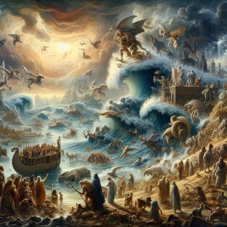 A dramatic landscape with a stormy sky and crashing waves depicting a world in apocalypse. One or more archetypal figures representing the main characters from various flood myths, such as Noah from the Bible, Deucalion from Greek mythology, or Manu from Hindu texts. Symbols or artifacts related to different cultures and their traditions, such as an ark, ancient temples, or mythological beings like dragons or gods. People or animals struggling for survival or seeking refuge from the approaching floods. Elements reflecting the diversity of cultures and belief systems, such as symbols from different religions or cultural features of the respective regions.