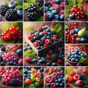 Eine Collage verschiedener Beerenarten (Brombeeren, Stachelbeeren, Blaubeeren, Johannisbeeren) in ihrer natürlichen Umgebung