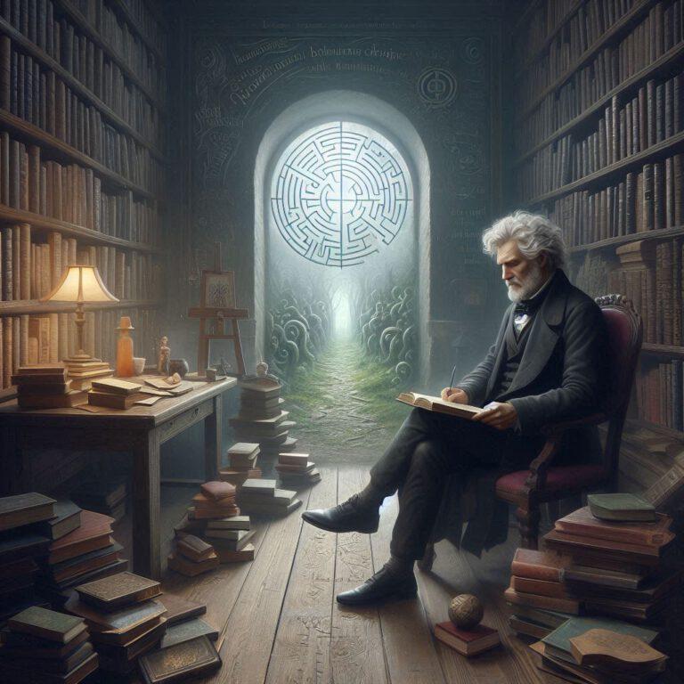 Schopenhauer in einem düsteren Raum, umgeben von Büchern und philosophischen Symbolen, mit einem Labyrinth im Hintergrund, das in eine friedliche Lichtung mündet