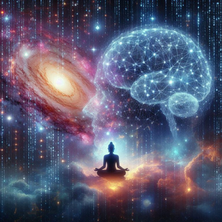 Im Hintergrund ein spektakuläres Bild des Universums, mit Galaxien und Sternen. Überlagert mit einem transparenten Matrix-Code, der sich über den Himmel und die Sterne zieht. Auf der linken Seite ein meditierender Buddha, der ruhig und gelassen wirkt. Auf der rechten Seite ein abstraktes Bild eines menschlichen Gehirns oder neuronalen Netzes, das Verbindungen und Komplexität zeigt.