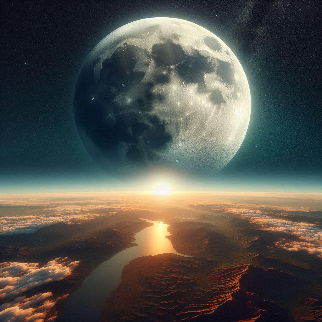 Ein Bild des Supermondes über der Erdlandschaft, das die beeindruckende Nähe und Größe des Mondes zeigt.