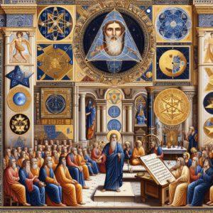 A picture of Pythagoras surrounded by geometric shapes and numbers, with his students listening to a lecture in an ancient Greek building or monastery. Symbols of the Pythagoreans, including the pentagram and musical instruments. Scenes from life in the monasteries, such as meditation, communal meals, and adherence to strict rules. Earth tones, blue and gold, and white and gold color schemes. A mix of classical, modern, and symbolic styles. The title 'The Monasteries of Pythagoras' in a readable font, placed at the top or bottom of the image. Additional elements like quotes and an abstract or realistic background.