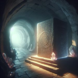 An ancient, mysterious tunnel deep underground. The tunnel is dimly lit by a gentle, ethereal light that bathes the surroundings in a mystical glow. The walls of the tunnel are made of ancient stone blocks, interlaced with sparkling quartz crystals. At the center of the image stands a large, weathered ceramic block covered in ancient runes and symbols. The block exudes an aura of mystery and significance. The atmosphere in the image should feel mysterious and steeped in history, with the background fading into darkness to suggest the unexplored depth of the tunnel. The image should evoke a sense of wonder and discovery, with a subtle touch of the supernatural.