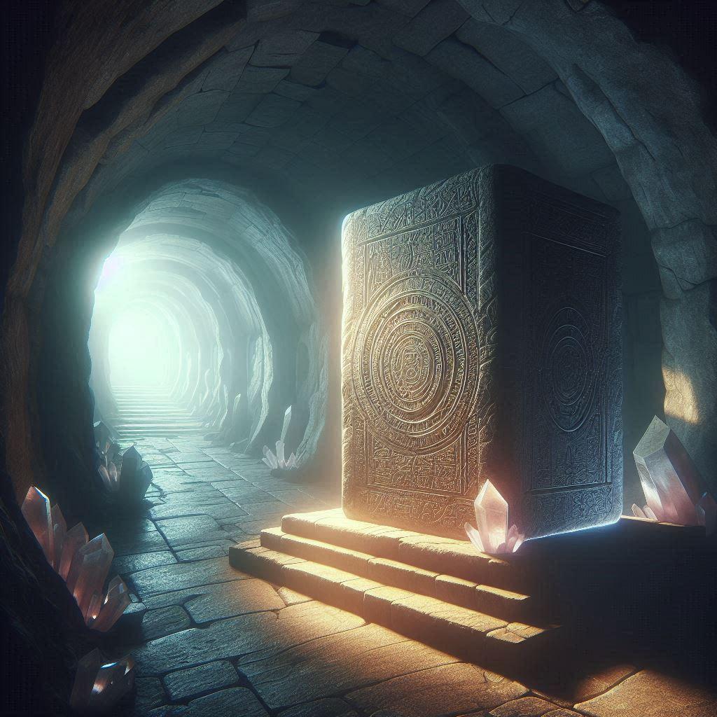An ancient, mysterious tunnel deep underground. The tunnel is dimly lit by a gentle, ethereal light that bathes the surroundings in a mystical glow. The walls of the tunnel are made of ancient stone blocks, interlaced with sparkling quartz crystals. At the center of the image stands a large, weathered ceramic block covered in ancient runes and symbols. The block exudes an aura of mystery and significance. The atmosphere in the image should feel mysterious and steeped in history, with the background fading into darkness to suggest the unexplored depth of the tunnel. The image should evoke a sense of wonder and discovery, with a subtle touch of the supernatural.