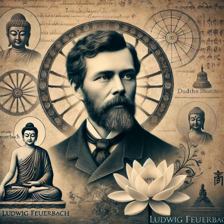 Ludwig-Feuerbach-a-19th-century-German-philosopher-in-a-contemplative-pose.-Surrounding-him-are-symbolic-representations-of-Buddhist-