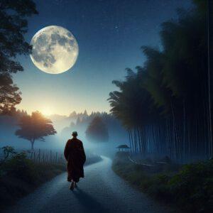 Ein Mönch, der einsam einen ruhigen Waldweg entlangwandert, über ihm leuchtet ein Vollmond in einer klaren, sternenklaren Nacht. Die Szenerie ist ruhig, friedlich und lädt zur Meditation ein. Der Mond symbolisiert die Erleuchtung und das stille Streben nach innerer Freiheit.