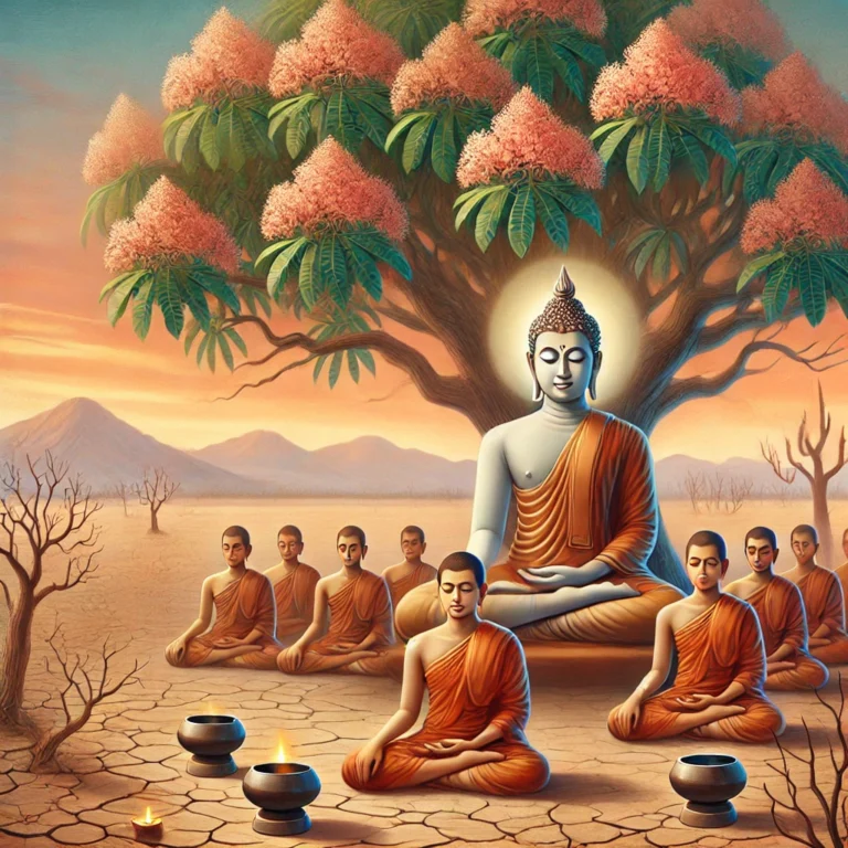 Meditationsszene unter dem Mangobaum darstellt, wie im Familien-Sutta beschrieben. Die visuelle Darstellung ergänzt die tiefe Lehre des Buddha über Großzügigkeit, Achtsamkeit und sozial verantwortliches Handeln.