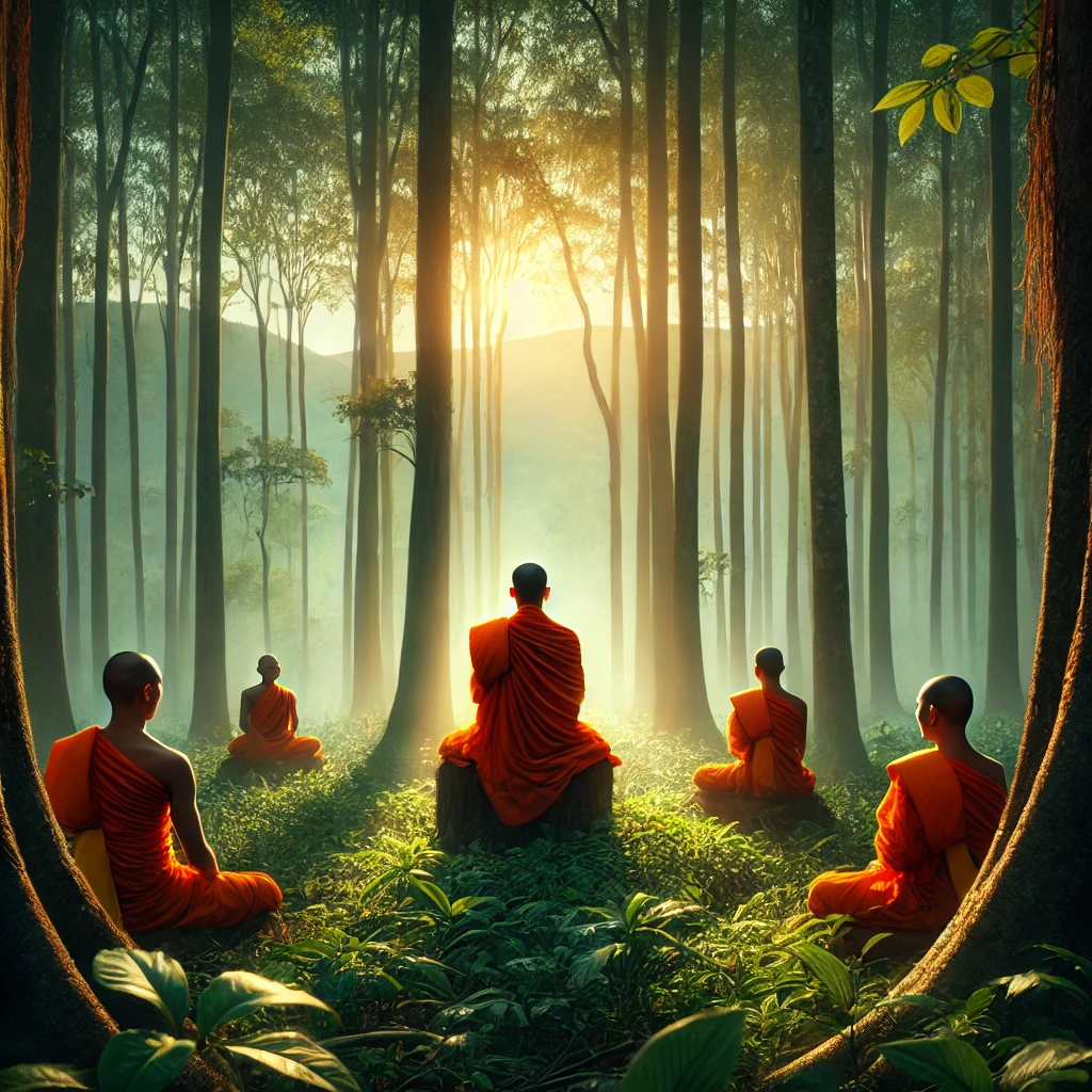 Eine ruhige Waldszene, in der Mönche in safranfarbenen Roben in tiefer Meditation inmitten der Natur sitzen. Das Sonnenlicht fällt durch die hohen Bäume.