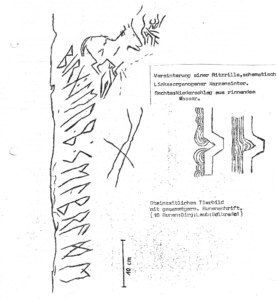 Steinzeitliches Tierbild mit Runenschrift Kult höhle Kleines Schulerloch, und schematische Zeichnung einer Versinterung