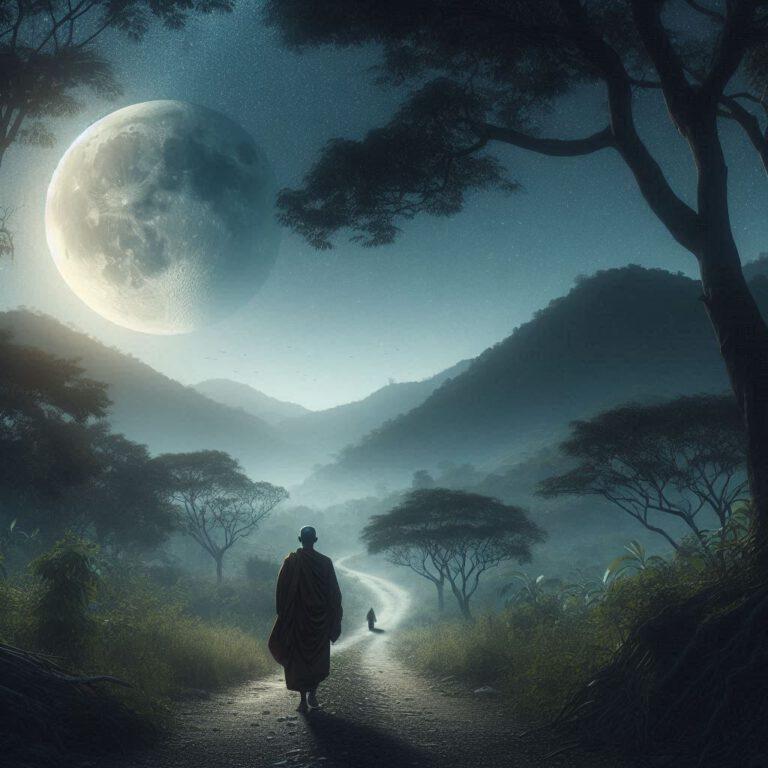 Ein Mönch, der einsam einen ruhigen Waldweg entlangwandert, über ihm leuchtet ein Vollmond in einer klaren, sternenklaren Nacht. Die Szenerie ist ruhig, friedlich und lädt zur Meditation ein. Der Mond symbolisiert die Erleuchtung und das stille Streben nach innerer Freiheit