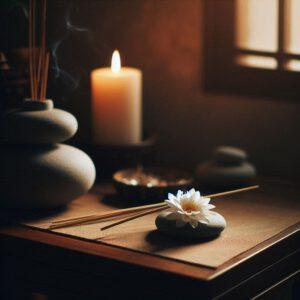 Ein ruhiger, spiritueller Altar mit einem angezündeten Räucherstäbchen und einer weißen Blume auf einem kleinen Tisch. Im Hintergrund leuchtet eine Kerze sanft, die Szene strahlt Stille und Frieden aus und lädt zur Achtsamkeit