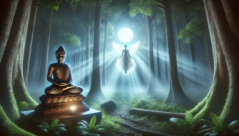 das Titelbild, das die spirituelle Atmosphäre eines Waldes mit einem meditierenden Buddha und einer himmlischen Erscheinung einfängt