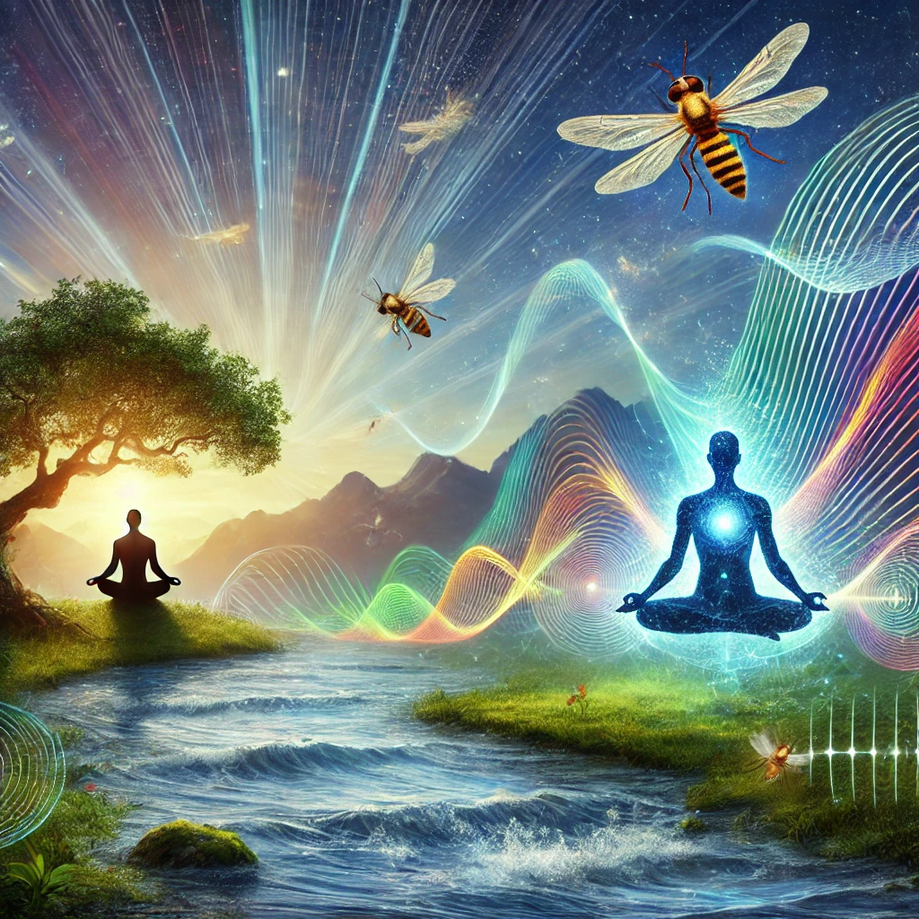 Ein harmonisches Bild, das Strahlen und Frequenzen symbolisiert: eine Landschaft mit einer Wasserader, über der Mücken tanzen, ein Baum, der sich windet, und ein meditierender Mensch, umgeben von leuchtenden, schwingenden Frequenzlinien.