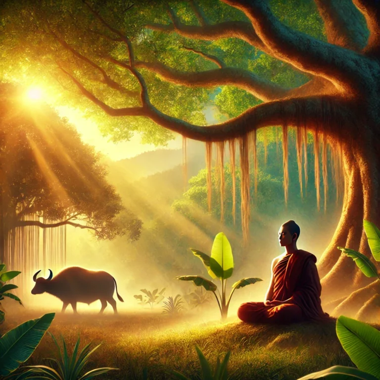 A serene Buddhist monk meditating under a large tree, surrounded by soft winds and golden sunlight. The background depicts a tranquil forest clearing