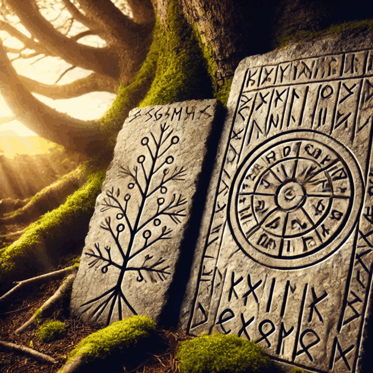 eine Darstellung der Ogham-Schrift mit den senkrechten Linien und Punkten zeigt, kombiniert mit germanischen Runen und einem natürlichen Hintergrund wie einem Stein oder einem Baumstamm, um die historische und mystische Atmosphäre zu unterstreichen