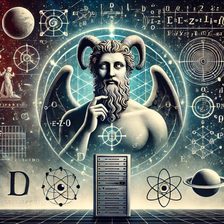 Titelbild, das die Idee des Determinismus und den Laplaceschen Dämon visuell darstellt. Es verbindet klassische Philosophie mit moderner Technologie in einem kosmischen und symbolischen Stil.