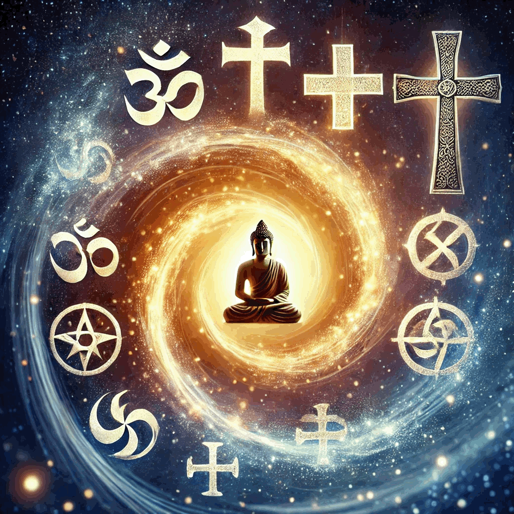 Eine sanft geschwungene Spirale aus Licht, die verschiedene Elemente wie eine Buddha-Statue, ein christliches Kreuz und nordische Runen vereint. Diese Symbole könnten sich in einem schimmernden Kreis wiederfinden, der von einem Sternenhimmel umgeben ist, um die universelle Dimension des Themas zu unterstreichen