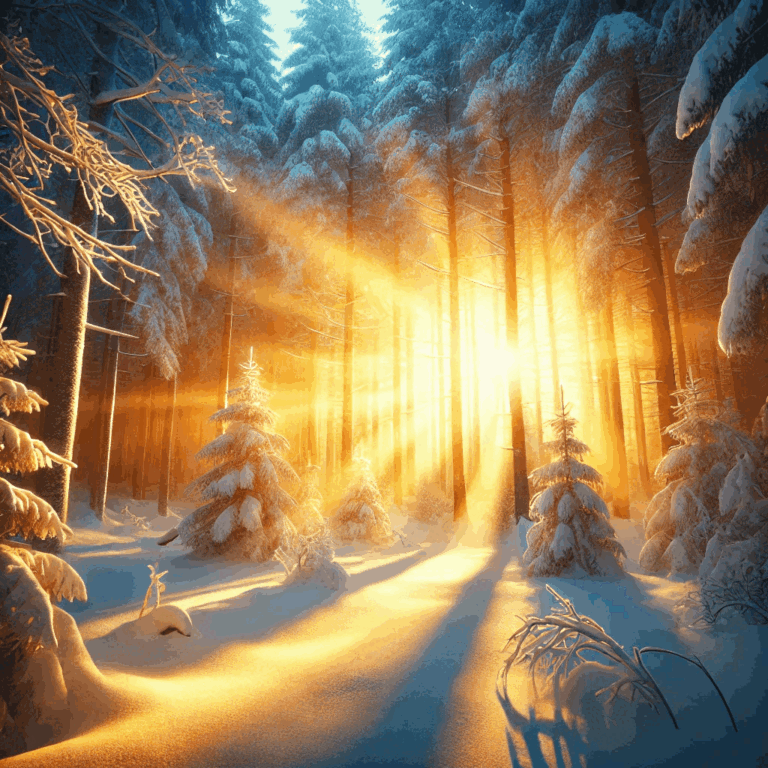 Ein winterlicher Wald bei Sonnenaufgang mit goldenen Sonnenstrahlen, die durch die verschneiten Bäume brechen. Die Szenerie symbolisiert die Rückkehr des Lichtes zur Wintersonnenwende