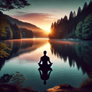 Titelbild Ein meditativer See in einem dichten, ruhigen Wald, im sanften Licht der Abenddämmerung. Im Vordergrund sitzt eine Silhouette in Meditation. Der Himmel spiegelt sich ruhig im Wasser.