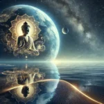 spirituelles Motiv: Ein stilles Weltmeer bei Vollmond, dessen Oberfläche die Reflexion einer himmlischen Buddha-Figur zeigt. Die Szenerie strahlt Ruhe und Weisheit aus. Subtile goldene Akzente in Form von Wellen oder Lichtstrahlen verdeutlichen die Verbindung von kosmischen und spirituellen Dimensionen