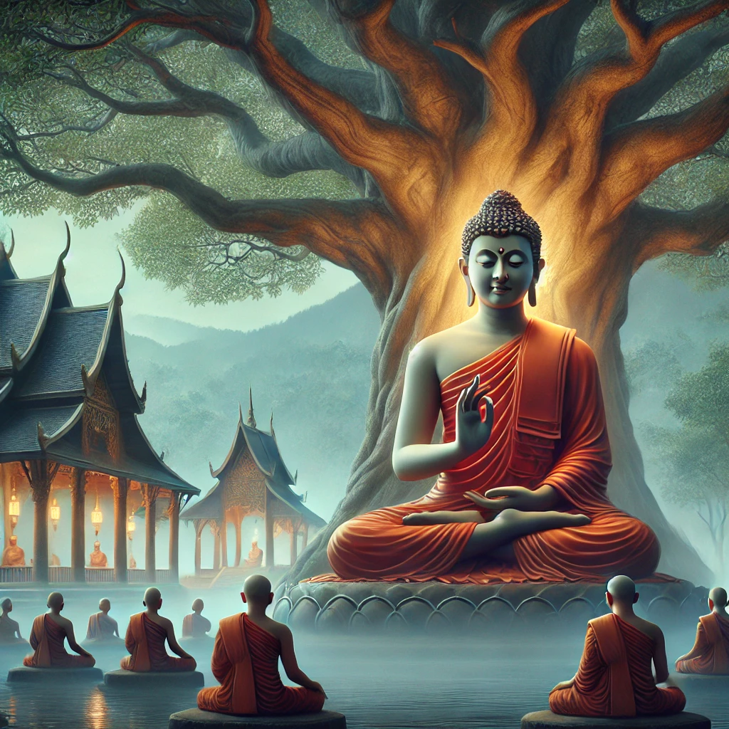 Buddha im Lotussitz, den schweigenden Mönchen und der Mallika-Halle im Morgenlicht.