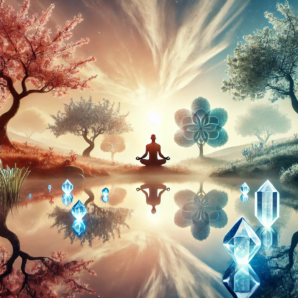 Die friedliche Landschaft mit klarem Wasser, blühenden Bäumen und den reflektierenden Kristallformen bringt die gewünschte Symbolik zur Geltung.