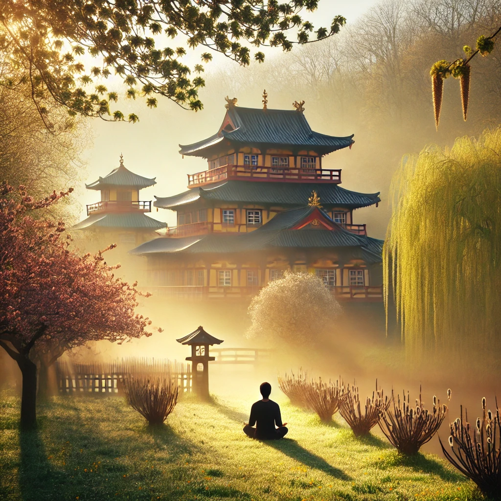 Das Titelbild Es zeigt die friedliche Frühlingsszene mit dem buddhistischen Kloster, den blühenden Sträuchern und der meditierenden Person im sanften Morgenlicht.